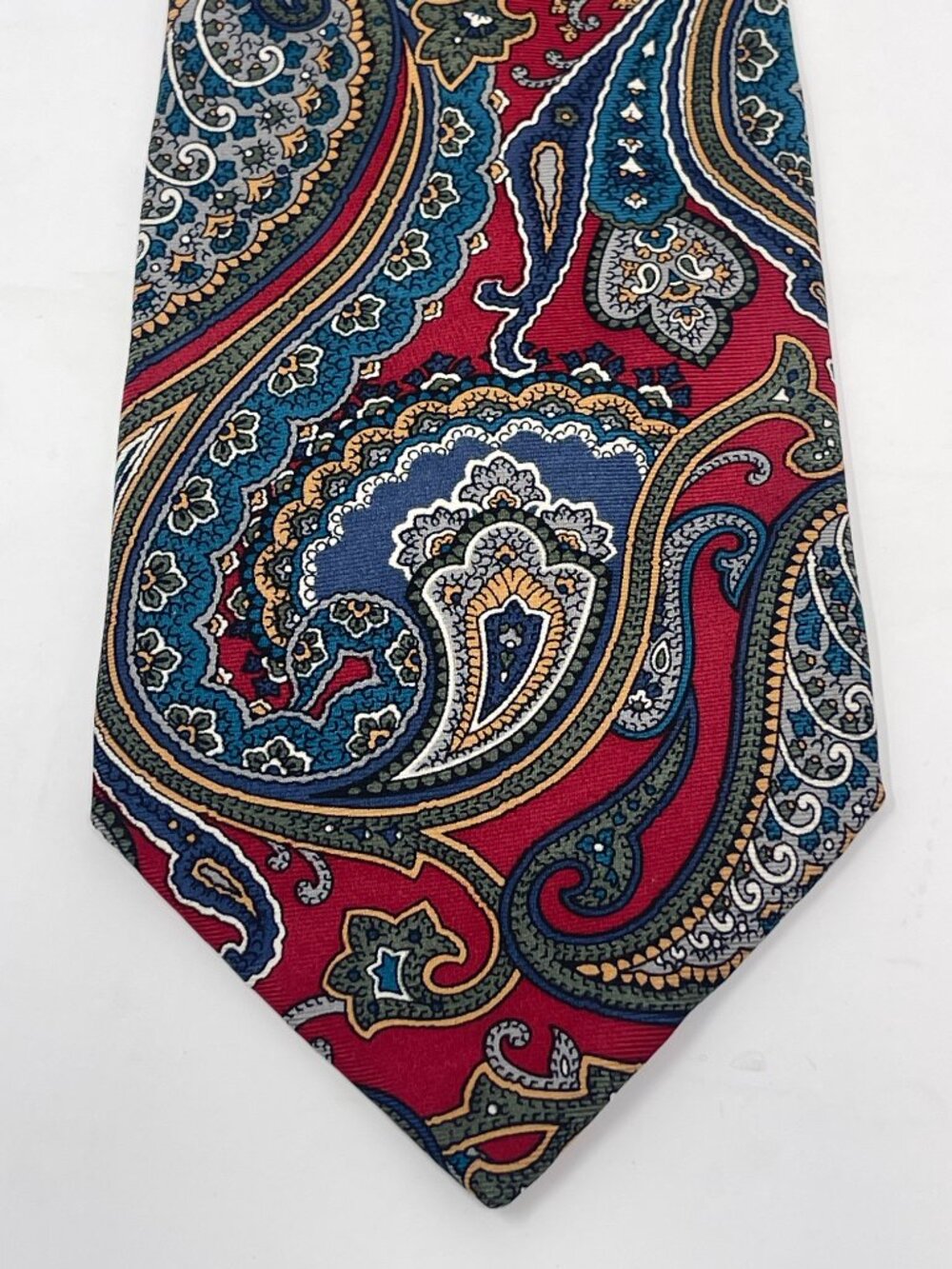 Tom James Silk Tie Paisley Burgundy Navy Gold Teal 4” x 57” Hand Sewn Classic